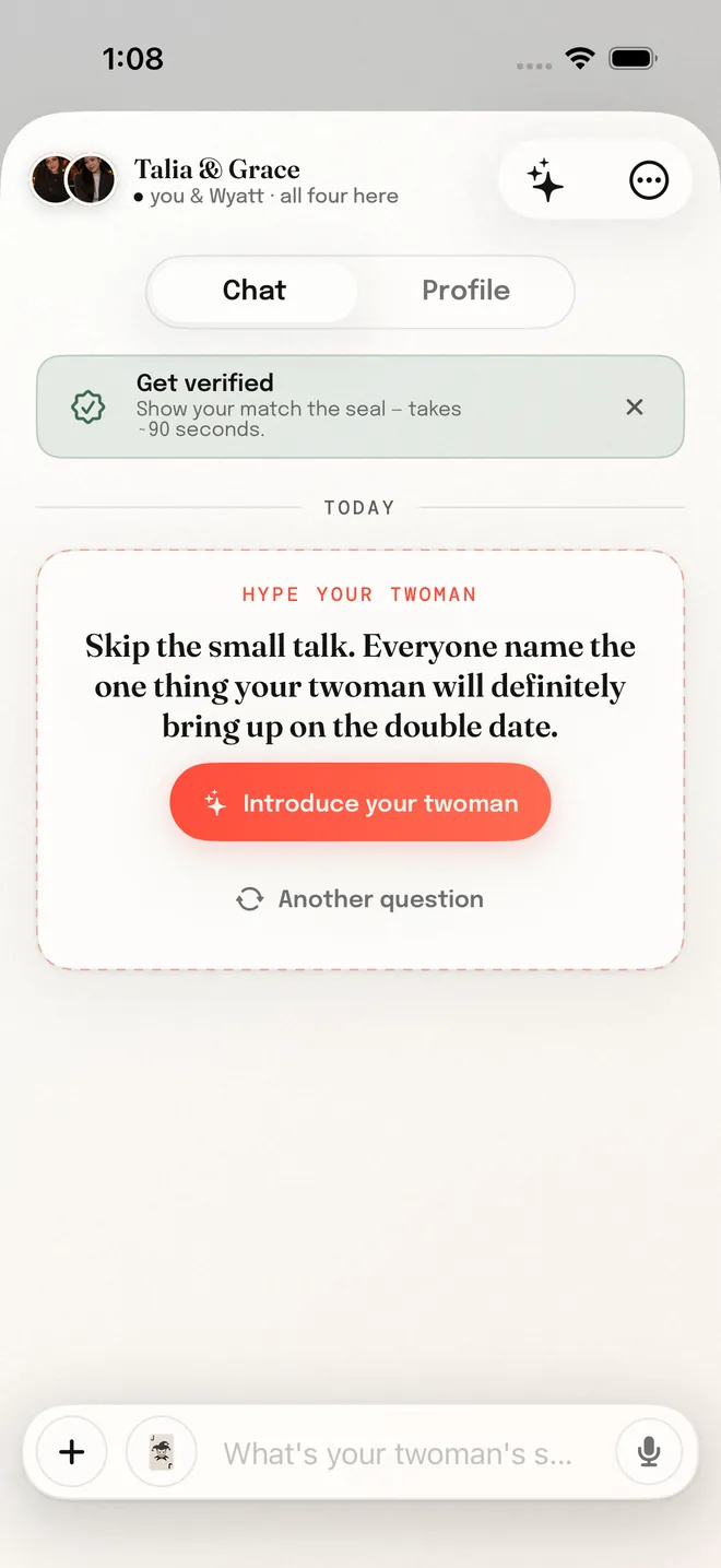 A Twoman chat for four: four people in one thread, with an opening question already on the table.