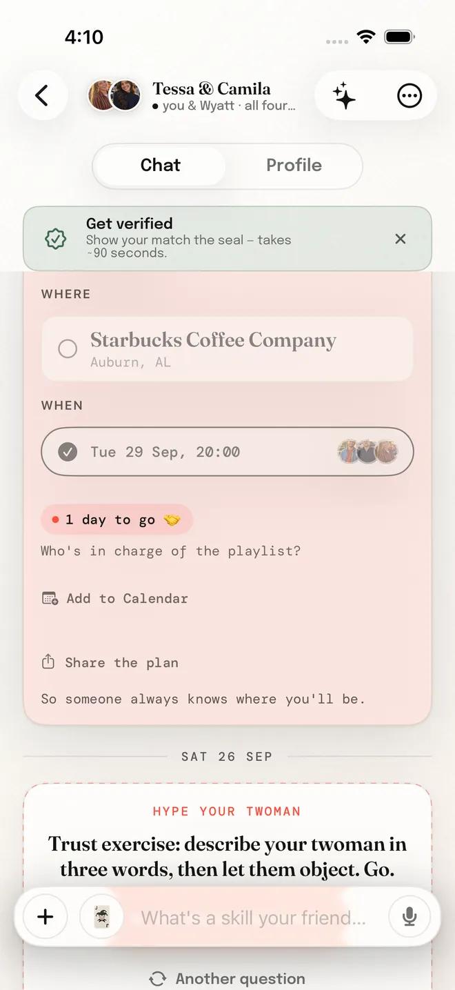 A plan in a Twoman group chat: a place and a time all four people agreed on, locked in.
