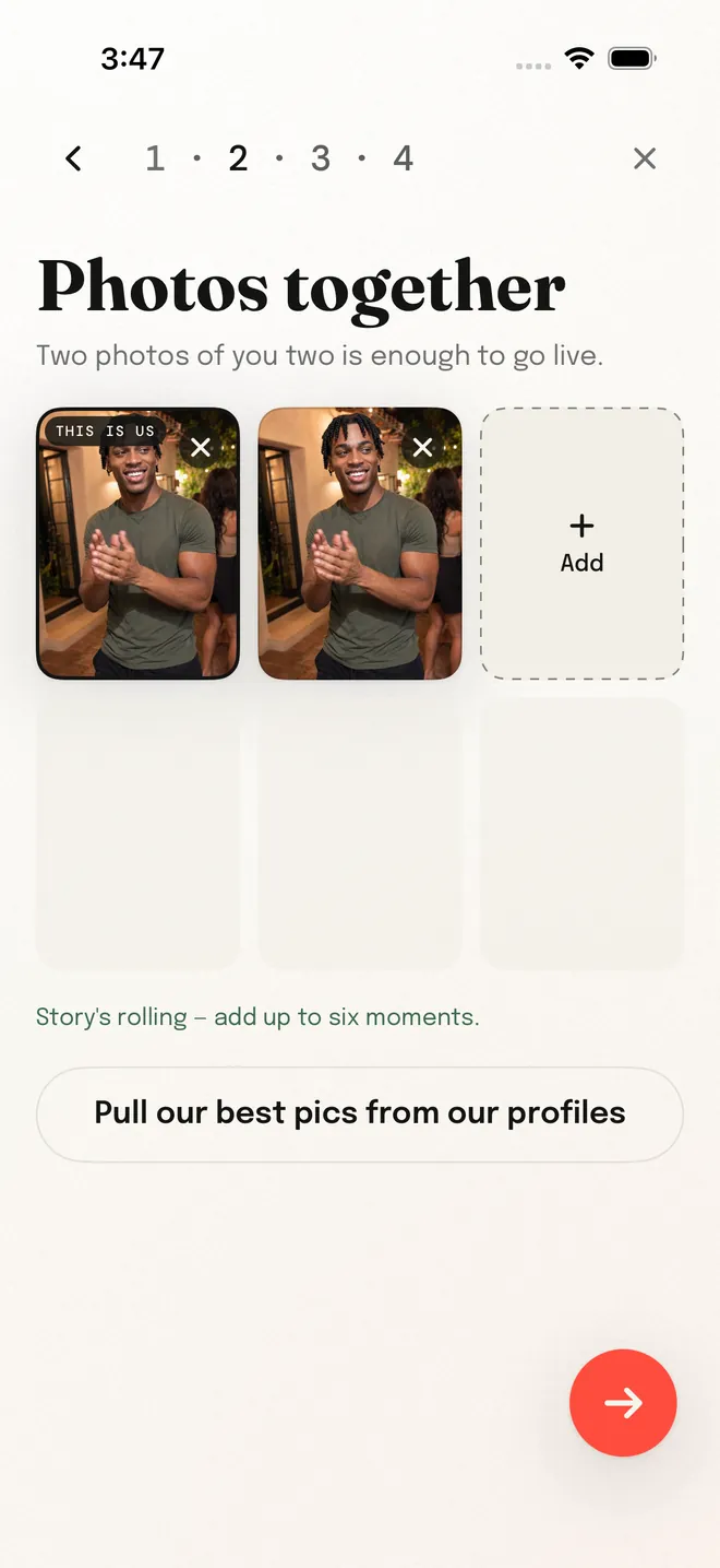 Photos together: the step where two friends fill one photo set, with room for six.